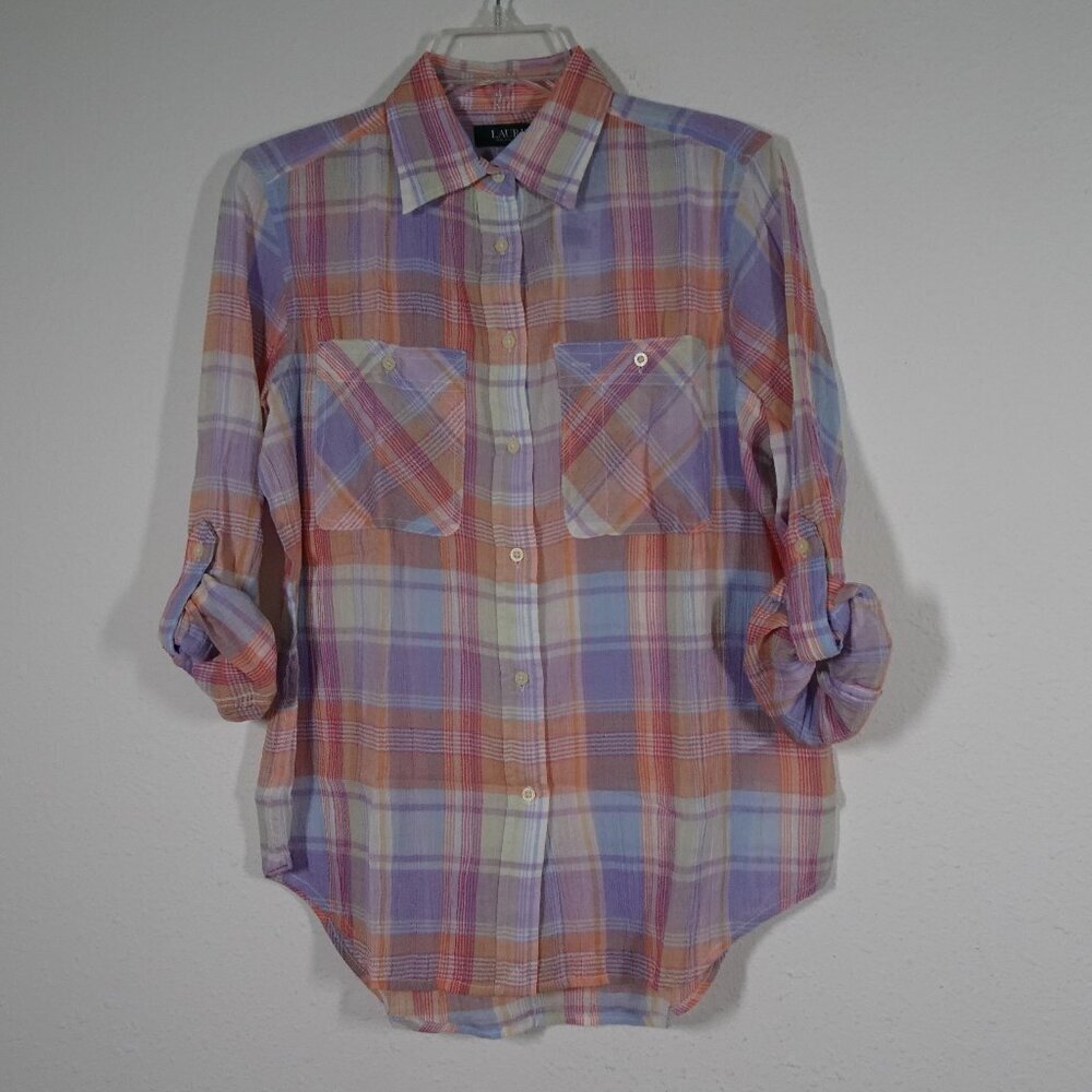 Ralph Lauren Button Front Top Women's Size S Plaid Boho Peasant Gauze
